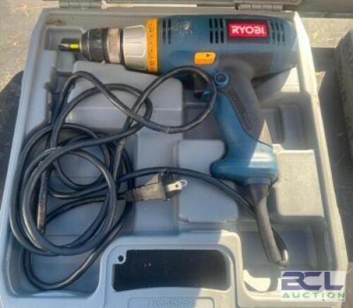 RYOBI ELECTRIC DRILL WITH CASE.