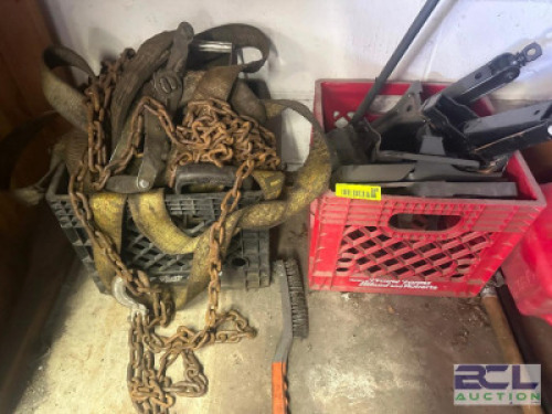 (2) MILK CRATES W/ CONTENTS - CHAINS AND STRAPS AND SCREW JACKS.