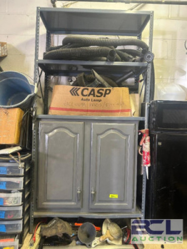 METAL SHELF AND TWO DOOR CABINET.