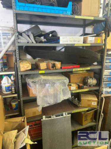 SHELF AND CONTENTS - ASSORTED AUTO PARTS AND TOOLING.