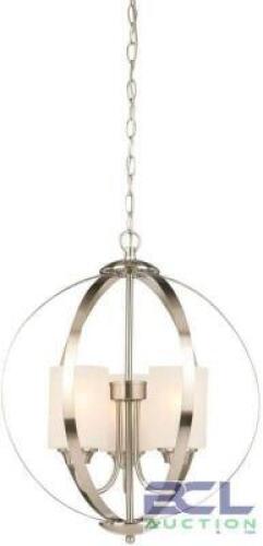 HAMPTON BAY 3 LIGHT CHANDELIER IN BRUSHED NICKEL FINISH.