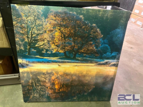 25" X 25" CANVAS PRINT POND AND TREE ON COLD FALL MORNING.