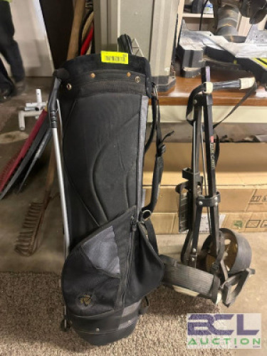 BLACK CANVAS GOLF BAG AND PULL CART.