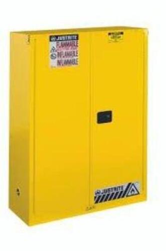 DESCRIPTION: (1) FLAMMABLE SAFETY CABINET BRAND/MODEL: JUSTRITE/894520 INFORMATION: YELLOW/CAPACITY: 45 GAL SIZE: 60.5"H X 39.5"W X 14.6"D RETAIL$: $1