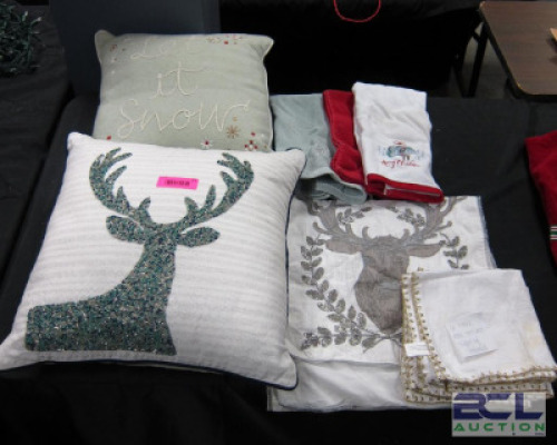 ASSORTED HOLIDAY THEMED PILLOWS AND HAND TOWELS