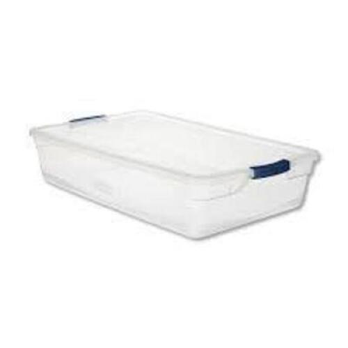 DESCRIPTION: (3) CLEVERSTORE STORAGE BOXES BRAND/MODEL: RUBBERMAID INFORMATION: CLEAR, LATCHING HANDLES, NO LIDS INCLUDED SIZE: 41 QT RETAIL$: $20.75