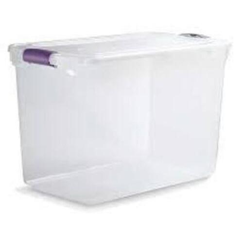 DESCRIPTION: (3) STORAGE TOTES BRAND/MODEL: HOMZ #3450GRPRCL06 INFORMATION: CLEAR, LATCHING LIDS, 28 GAL SIZE: 28 3/4 IN L X 16 IN W X 18 1/4 IN H RET