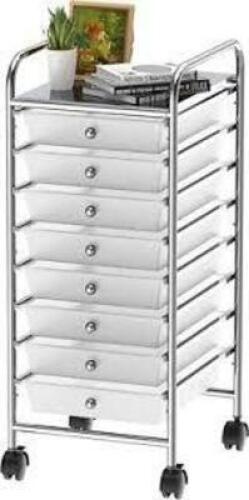 DESCRIPTION: (1) DRAWER SHELF INFORMATION: 4 DRAWERS INCLUDED, SILVER, 9 SLOTS FOR DRAWERS, CURVED, ROLLING, IMAGES ARE FOR ILLUSTRATION PURPOSES ONLY