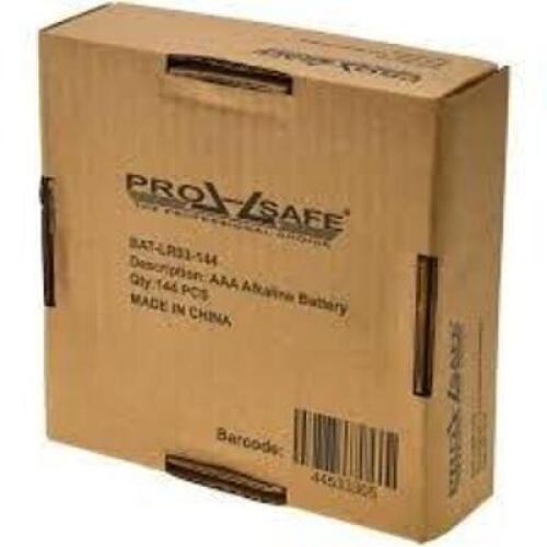 DESCRIPTION: (6) BOXES OF (24) ALKALINE BATTERIES BRAND/MODEL: PRO SAFE #BAT LR03 144 SIZE: AAA RETAIL$: $12.20 PER 12 PACK QTY: 6