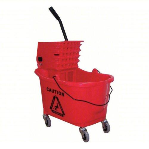 DESCRIPTION: (1) MOP BUCKET W/WRINGER BRAND/MODEL: 5CJH7 INFORMATION: PLASTIC, RED, SIDE PRESS RETAIL$: $140.01 SIZE: 8 3/4 GALLON CAPACITY QTY: 1