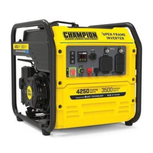 DESCRIPTION: (1) INVERTER GENERATOR BRAND/MODEL: CHAMPION/200955 INFORMATION: 4250-WATT/OPEN FRAME/RV READY RETAIL$: 745 SIZE: 20.9"L X 18.3"W X 19.4"