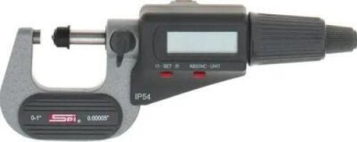 DESCRIPTION: (1) ELECTRONIC OUTSIDE MICROMETER BRAND/MODEL: SPI/11-545-1 INFORMATION: CARBIDE-TIPPED/FRICTION/WATER RESISTANCE RETAIL$: 134.4 SIZE: .9