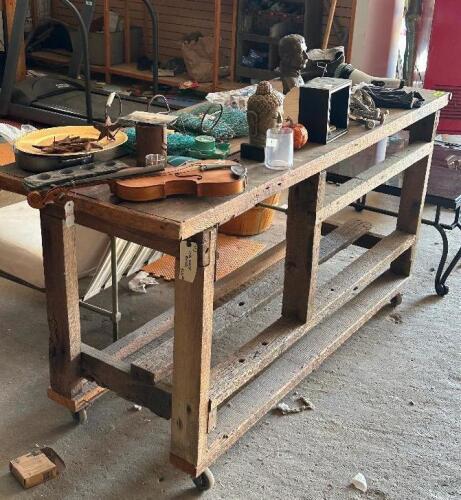 VINTAGE ROLLING WORK TABLE WITH LARGE ASSORTMENT OF VINTAGE D&Eacute;COR