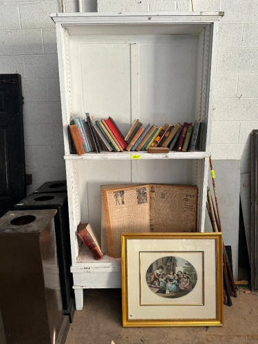 VINTAGE BOOK SHELF WITH ASSORTED OLD BOOKS AND ARTWORK