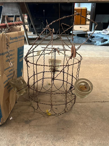 VINTAGE CANDLE CAGE AND ASSORTED HANGING ART AND D&Eacute;COR