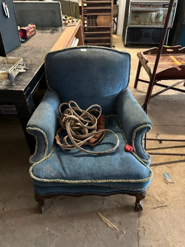 VINTAGE ARM CHAIR WITH GARMENT RACK AND SAWHORSE