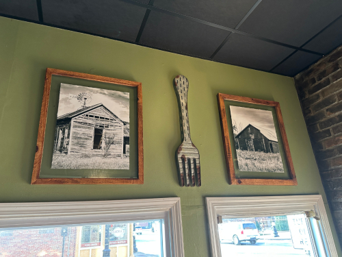 (2) WOODEN FRAMED PRINTS AND (1) LARGE WOODEN FORK