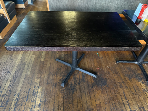 48" X 30" HARDWOOD TABLE W/ DOUBLE PEDESTAL BASE.