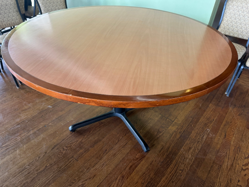 Double Tagged - Unsold 55" ROUND HARDWOOD TABLE W/ BASE.