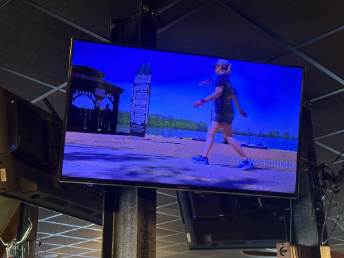 HITACHI 52" TV W/ CEILING MOUNT.