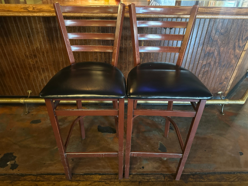 (2) 30" LADDER BACK BAR STOOLS W/ BLACK PADDED SEATS.