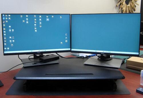 (2) - TOUCH SCREEN BUSINESS MONITORS AND AIR LIFT PRO DESK RISER