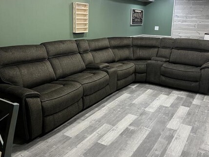 HUTCHENSON 7-PC. FABRIC SECTIONAL WITH 3 POWER RECLINERS, POWER HEADRESTS AND 2 CONSOLES WITH USB