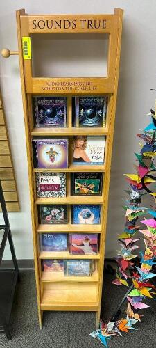 WOODEN CD DISPLAY RACK W/ CONTENTS - YOGA AND REIKE CDS