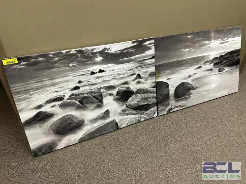(2) BLACK AND WHITE CANVAS PRINTS. ROCKS ON THE SHORE.