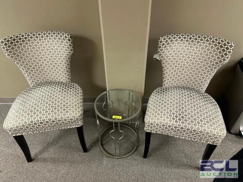 (2) UPHOLSTERED SIDE CHAIRS AND CENTER ACCENT TABLE