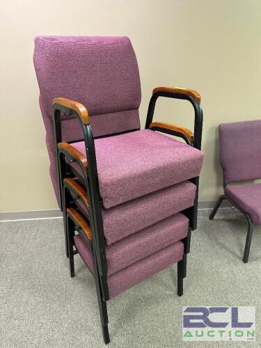 (4) MAROON UPHOLSTERED STACKING ARM CHAIRS.