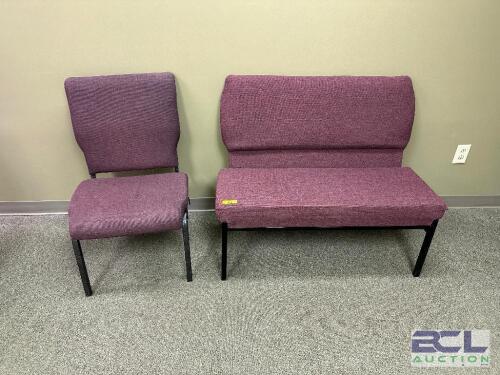 MAROON UPHOLSTERED BENCH SEAT AND SIDE CHAIR.