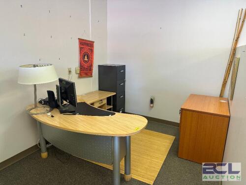 FURNITURE CONTENTS OF SMALL OFFICE / DESK AND SEHELVES ONLY