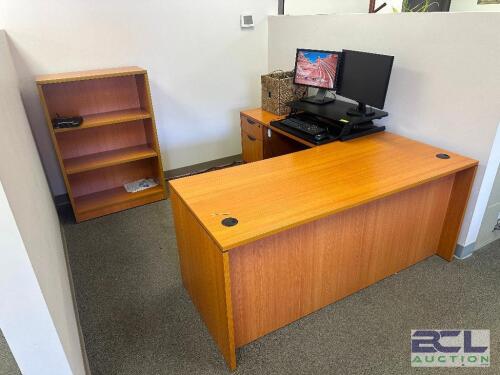 FURNITURE CONTENTS OF SMALL OFFICE / DESK AND SEHELVES ONLY