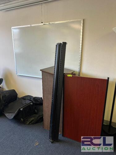 (2) - PODIUMS / (2) PROJECTOR SCREENS AND DRY ERASE BOARD