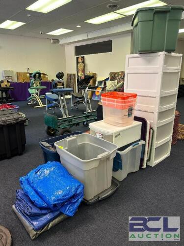 LARGE GROUP OF ASSORTED TARPS, CONTAINERS, ORGANIZERS, BOXES, CRATES, ETC.