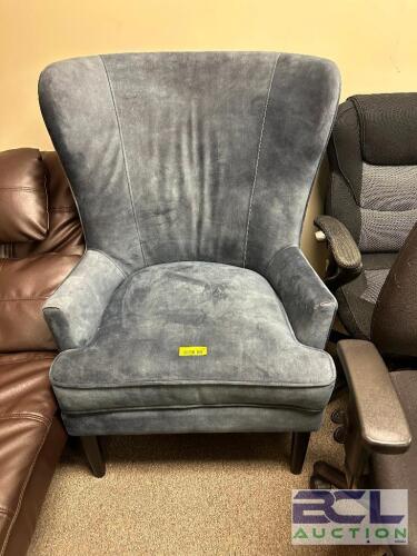 BLUE UPHOLSTERED HIGH BACK ARM CHAIR