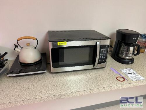 MICROWAVE, COFFEE POT, TEA KETTLE W/ ELECTRIC RANGE.