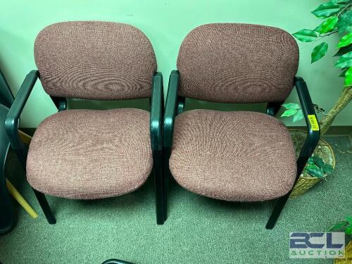 (2) GREY UPHOLSTERED OFFICE ARM CHAIRS.
