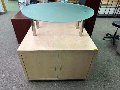 48" X 48" WOODEN FLOOR DISPLAY W/ ROUND FROSTED GLASS TOP.