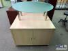 48" X 48" WOODEN FLOOR DISPLAY W/ ROUND FROSTED GLASS TOP. - 3