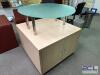 48" X 48" WOODEN FLOOR DISPLAY W/ ROUND FROSTED GLASS TOP. - 4