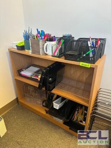 ASSORTED OFFICE SUPPLIES AND SHELF
