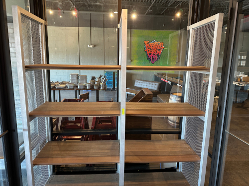 72" METAL AND WOODEN FIVE TIER INDUSTRIAL STYLE MERCHANDISE SHELF.