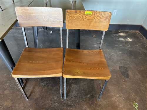 (2) WOODEN CHAIRS W/ METAL FRAMES.