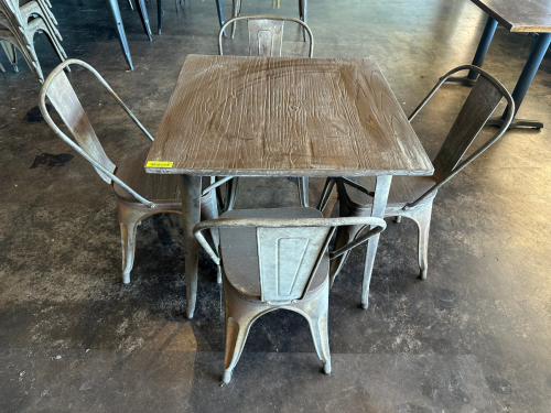36" X 36" PATIO TABLE W/ (4) METAL STACK CHAIRS.