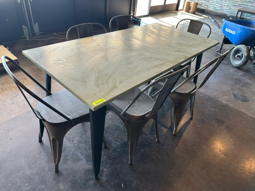 63" X 3 0" COMPOSITE TOP PATIO TABLE W/ (6) METAL STACK CHAIRS.