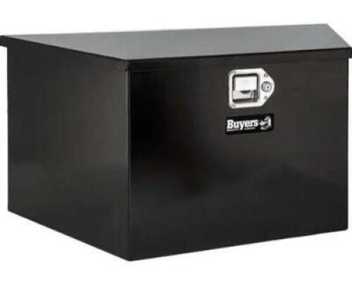 DESCRIPTION: (1) TRAILER TONGUE TOOL BOX BRAND/MODEL: BUYERS/1701281 INFORMATION: BLACK/CARBON STEEL RETAIL$: 365.24 SIZE: 26"W X 12"H X 13-1/4"D QTY: