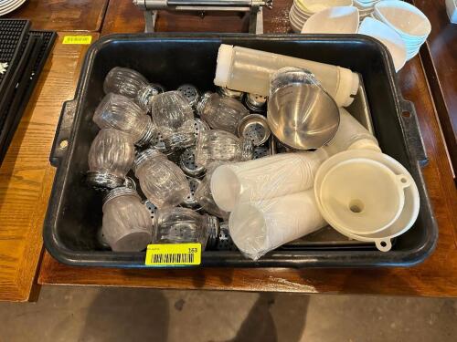 TUB FILLED WITH ASSORTED SHAKERS, DIP CUPS AND SPOUTS