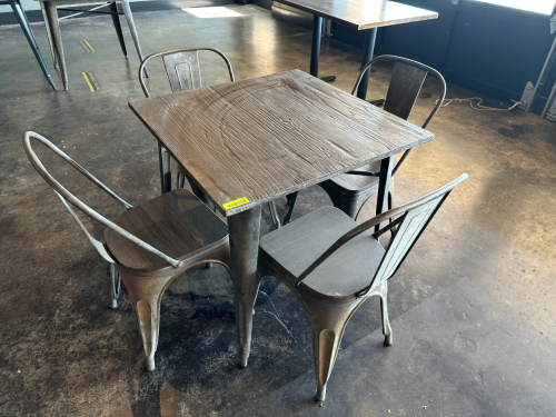36" X 36" PATIO TABLE W/ (4) METAL STACK CHAIRS.